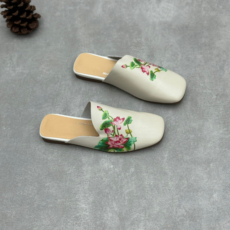 Women Vintage Flower Print Soft Leather Low Heel Slippers