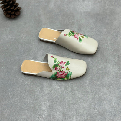 Women Vintage Flower Print Soft Leather Low Heel Slippers