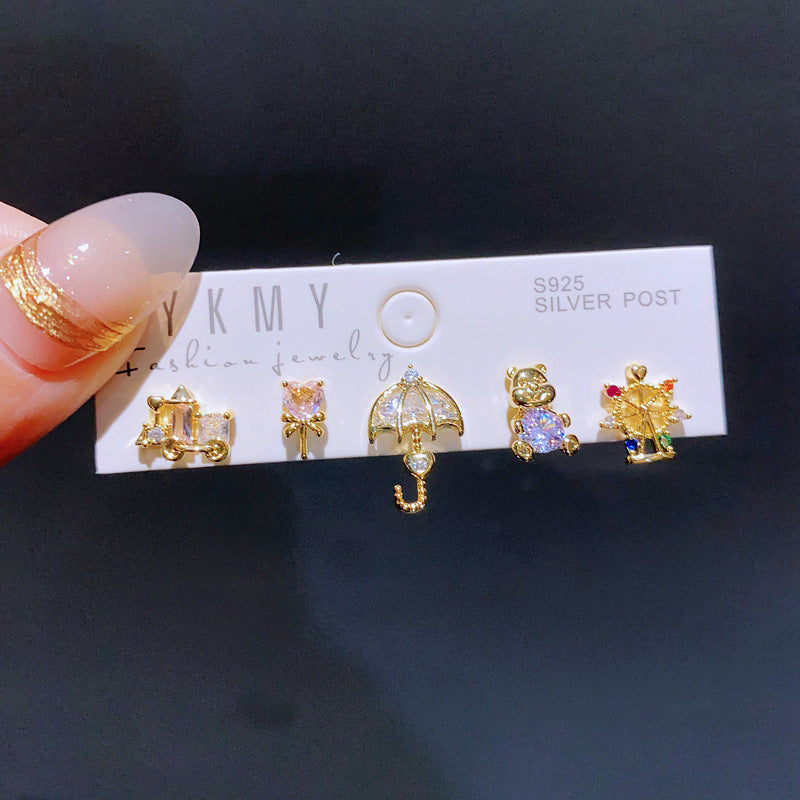 5 Pieces Set Sweet Cartoon Copper Ear Studs