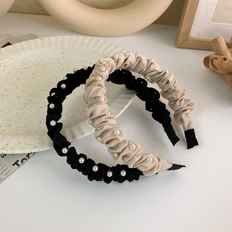 korean new pearl broken hair band female summer new hairpin pleated hair tie all-match out hair pressing headdress