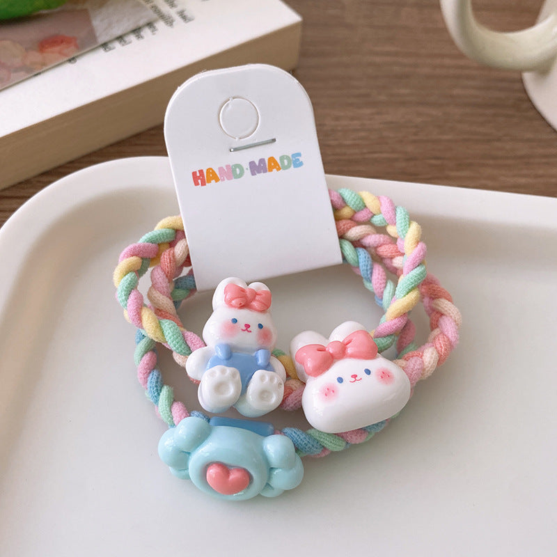3 Sweet Fresh Ice Cream Color Cartoon Rabbit Flower Color Woven Ponytail Hair Ring Girl Student Hair Rope