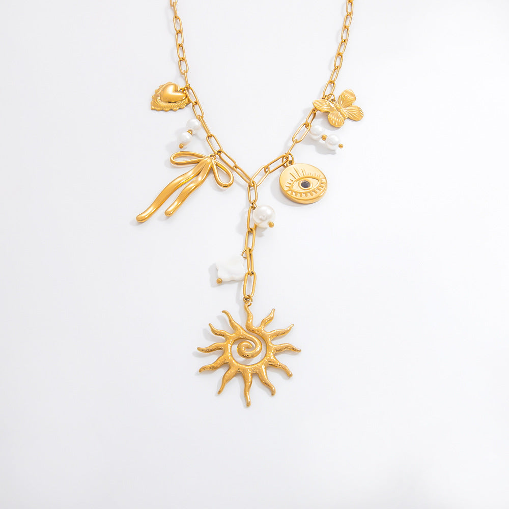 Jewelry Vintage Style Classic Style Sun Star Bow Knot 304 Stainless Steel Plating Multi Charms Necklace