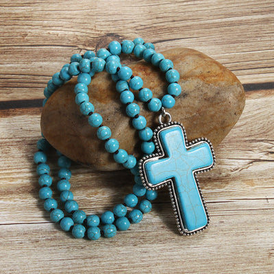 Bohemian Cross natural stone Beaded Chain Pendant Necklace In Bulk