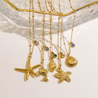 Jewelry Marine Style Starfish Conch Dolphin Titanium Steel Inlaid Gemstone Pendant Necklace