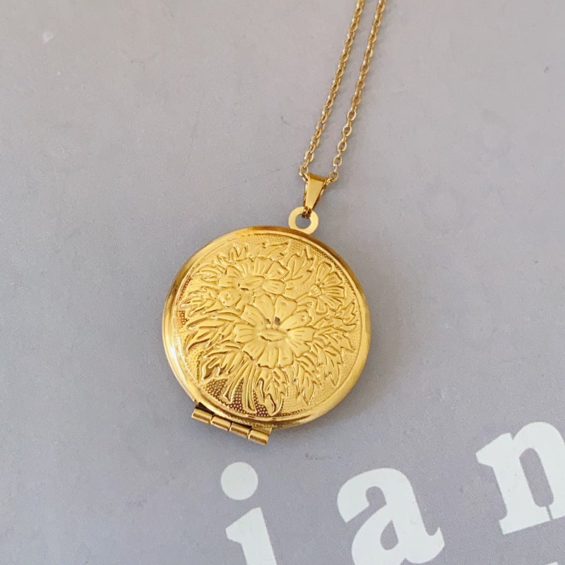 Jewelry IG Style Round Flower 316 Stainless Steel  18K Gold Plated Rose Gold Plated White Gold Plated Plating Locket Necklace