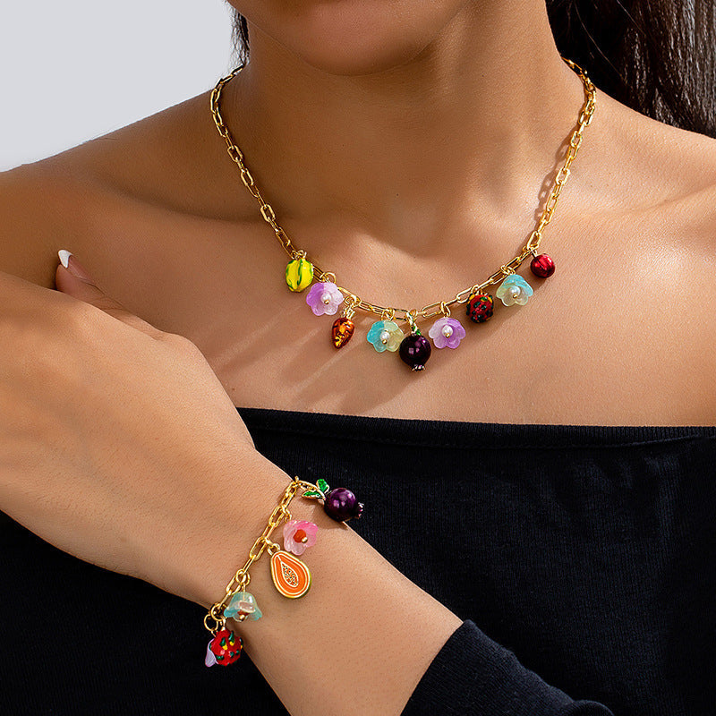 Jewelry IG Style Sweet Fruit Flower Copper Irregular Bracelets Necklace