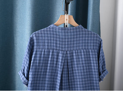 Women Summer Plaid Stand Collar 100%Cotton Shirt