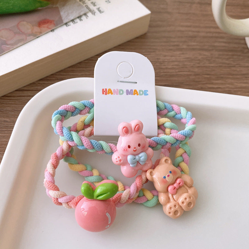 3 Sweet Fresh Ice Cream Color Cartoon Rabbit Flower Color Woven Ponytail Hair Ring Girl Student Hair Rope