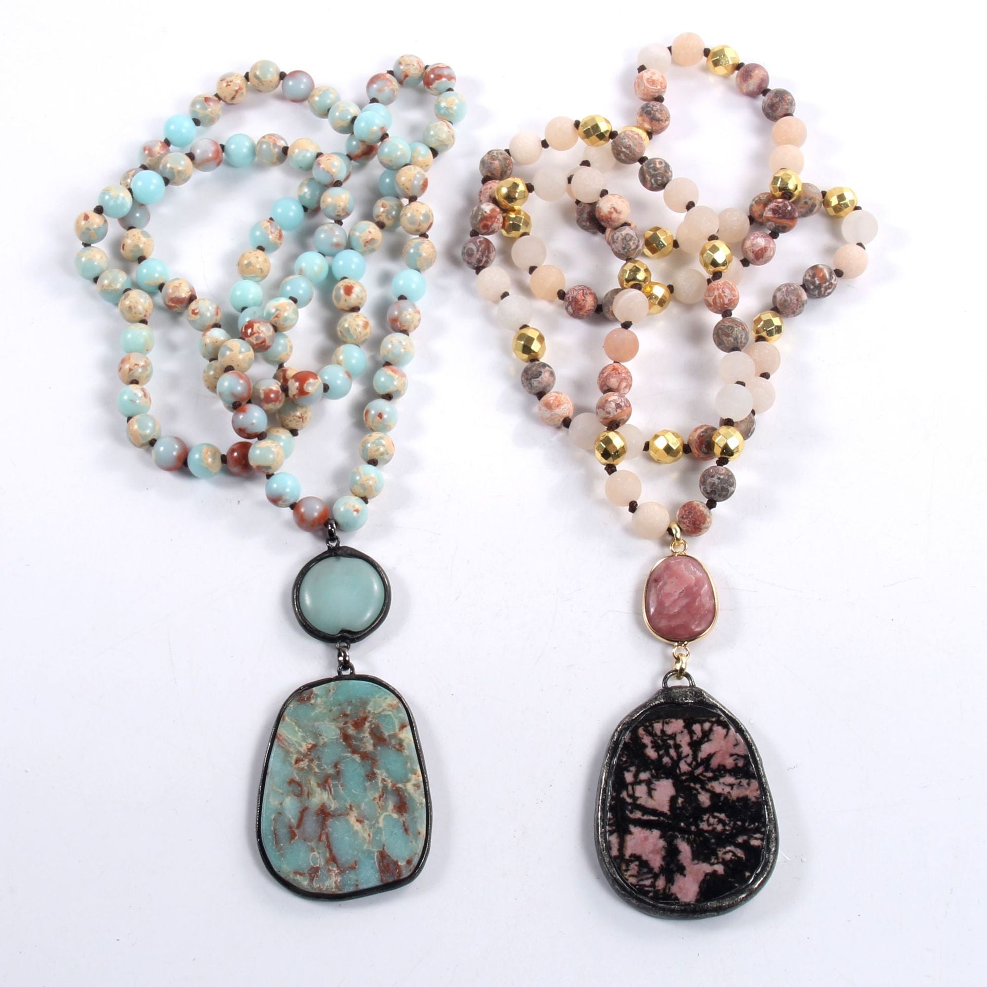 Bohemian Geometric natural stone Beaded Chain Pendant Necklace In Bulk