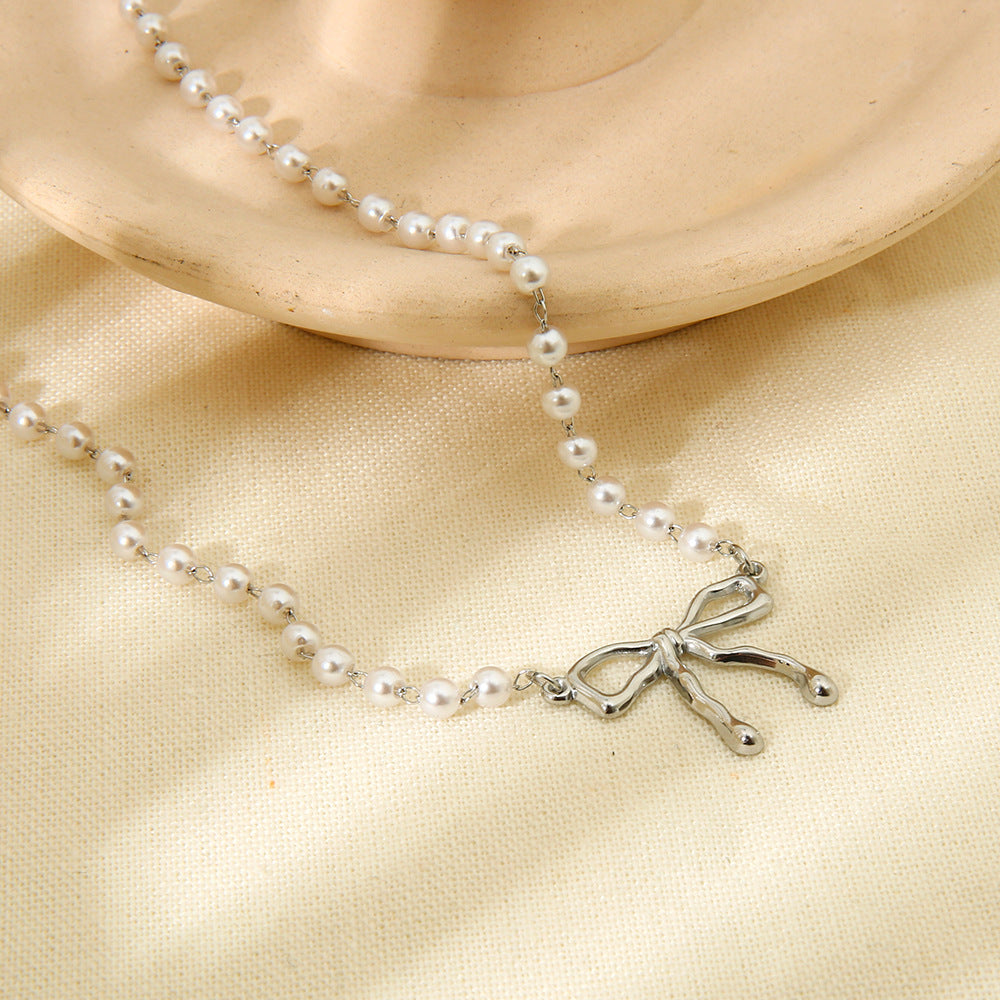 Jewelry IG Style Sweet Bow Knot 304 Stainless Steel Beaded Pearl Pendant Necklace