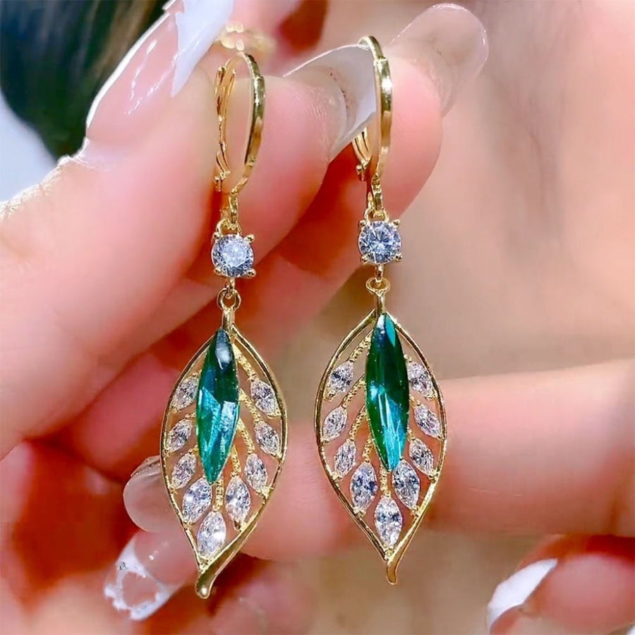 Sparkling zircon green leaf earrings