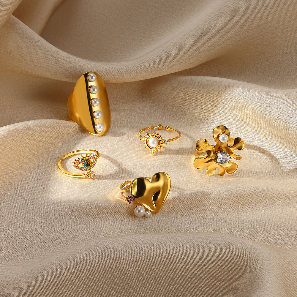 Jewelry IG Style Exaggerated Heart Shape Eye Solid Color 304 Stainless Steel Pearl Zircon Inlay Open Rings