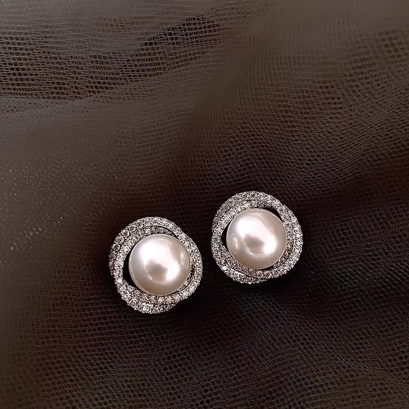 925 Silver Needle Spiral Pearl Stud Earrings Women's Premium Temperament Earrings