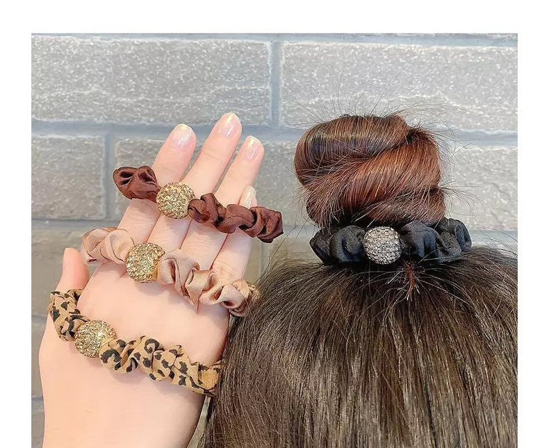 fashion solid color leopard cloth pearl inlay rhinestones hair tie 1 piece