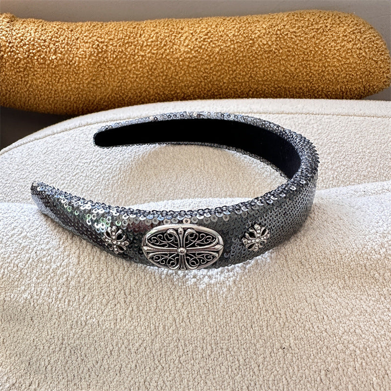 High-Grade French Headband  Internet Celebrity  Fengshui Diamond Letter H Hairpin Special-Interest Design Sequ Headband Hair Accessories