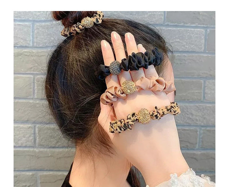 fashion solid color leopard cloth pearl inlay rhinestones hair tie 1 piece