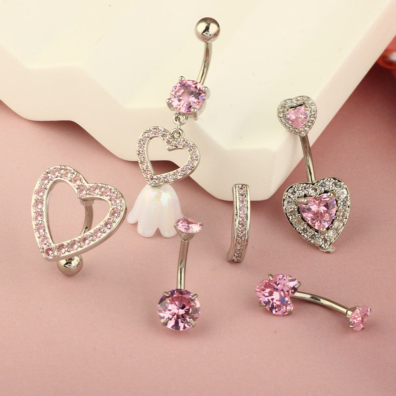 1 Piece 1 Set Belly Rings Hip-Hop Shiny Heart Shape 316L Stainless Steel  Copper Hollow Out Inlay Zircon Belly Rings