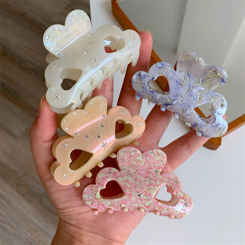 Women's Sweet Heart Shape Acetic acid sheets Hollow Out Inlay Rhinestones Hair Claws