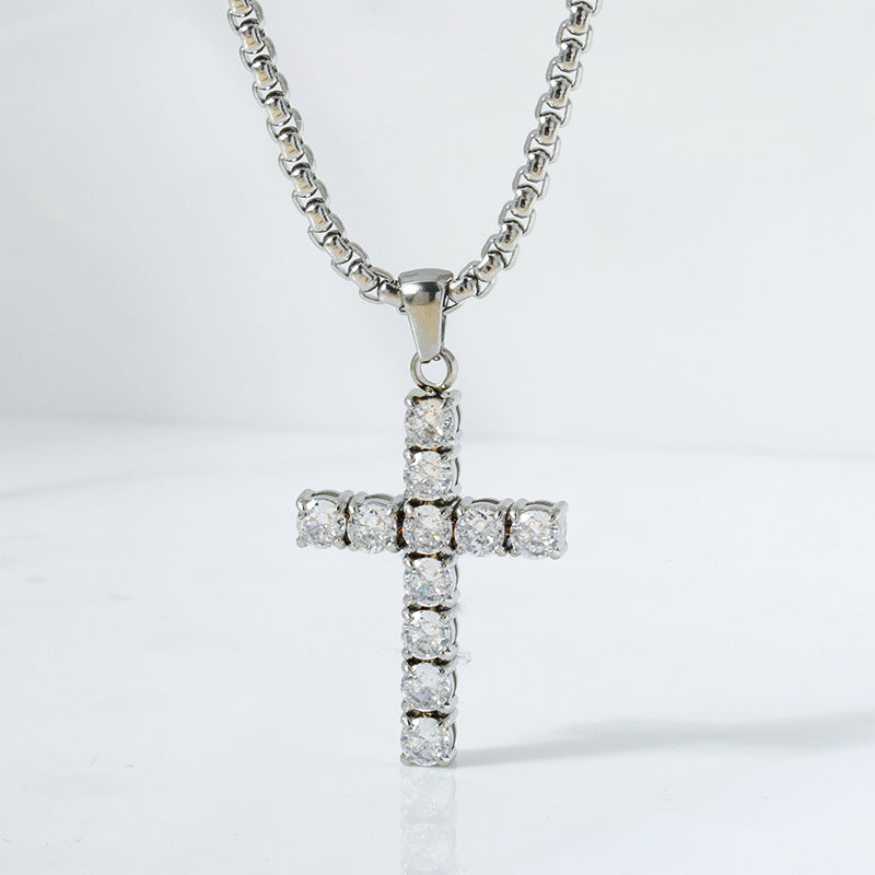 Jewelry IG Style Shiny Cross Titanium Steel Zircon Polishing Inlay Pendant Necklace