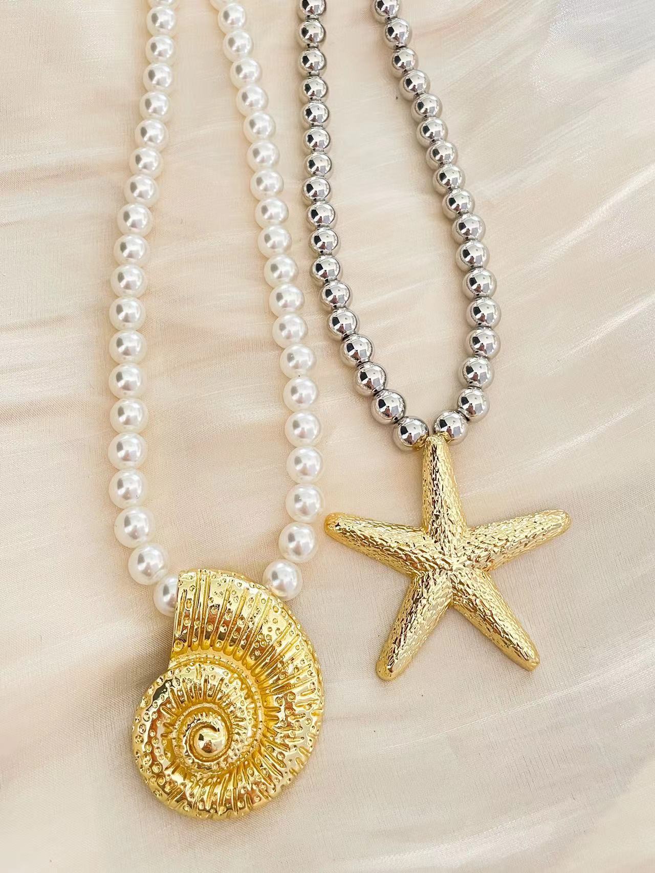 Marine Style Simple Style Starfish Conch Imitation Pearl Alloy  Pendant Necklace