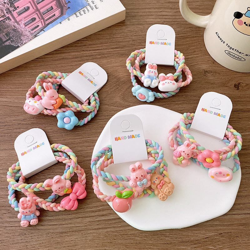 3 Sweet Fresh Ice Cream Color Cartoon Rabbit Flower Color Woven Ponytail Hair Ring Girl Student Hair Rope
