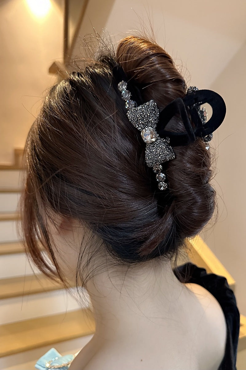 High-Grade Full Diamond Bow Hair Accessories Barrettes Women's Back Head Grip  Former Red Style Flocking Large Size Shark Clip