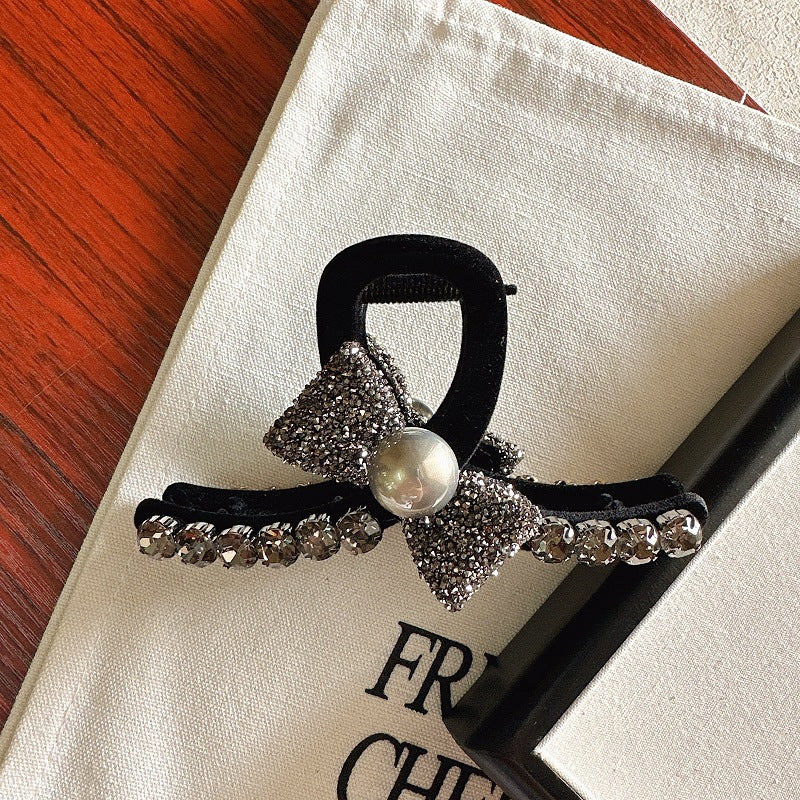 High-Grade Full Diamond Bow Hair Accessories Barrettes Women's Back Head Grip  Former Red Style Flocking Large Size Shark Clip