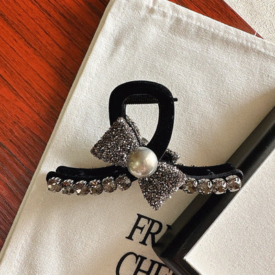 High-Grade Full Diamond Bow Hair Accessories Barrettes Women's Back Head Grip  Former Red Style Flocking Large Size Shark Clip