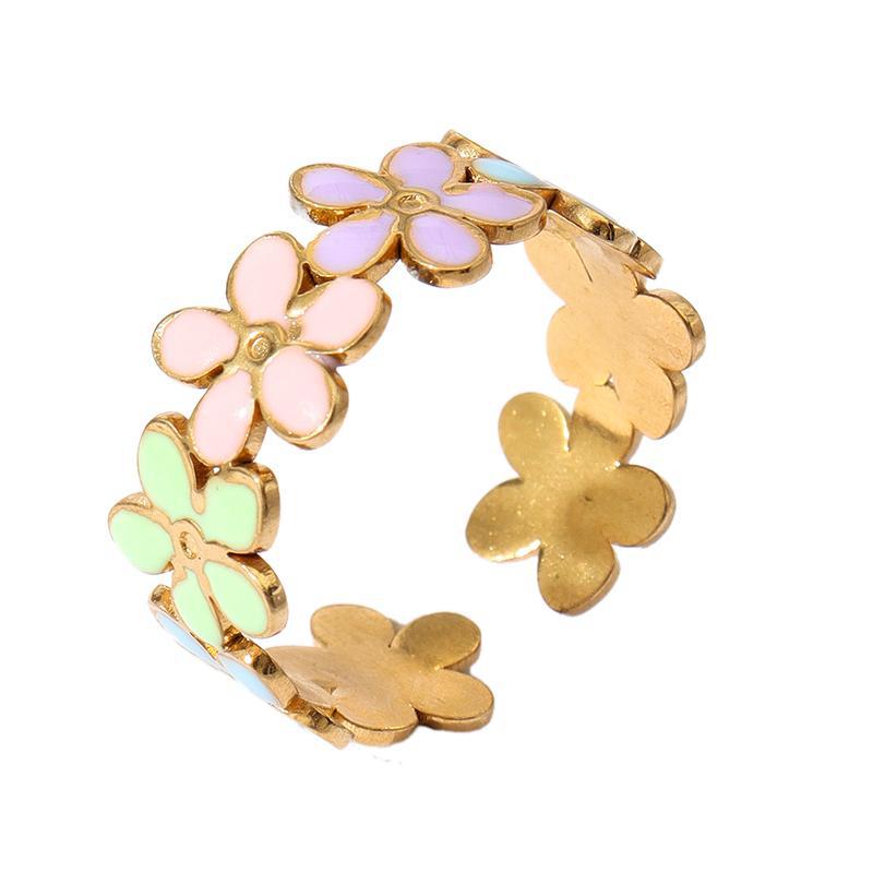 Jewelry Retro Sweet Stripe Flower 304 Stainless Steel Enamel Open Rings