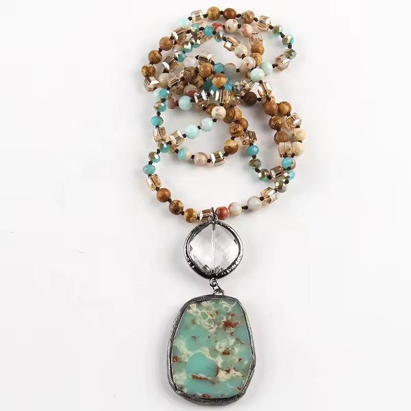 Retro Geometric natural stone Beaded Chain Pendant Necklace In Bulk