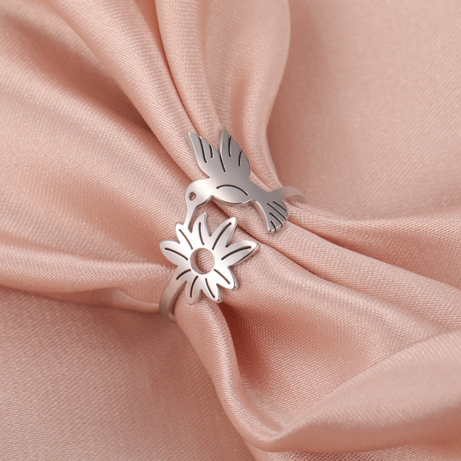Jewelry Cute Flower Bird 304 Stainless Steel 18K Gold Plated Hollow Out Rings