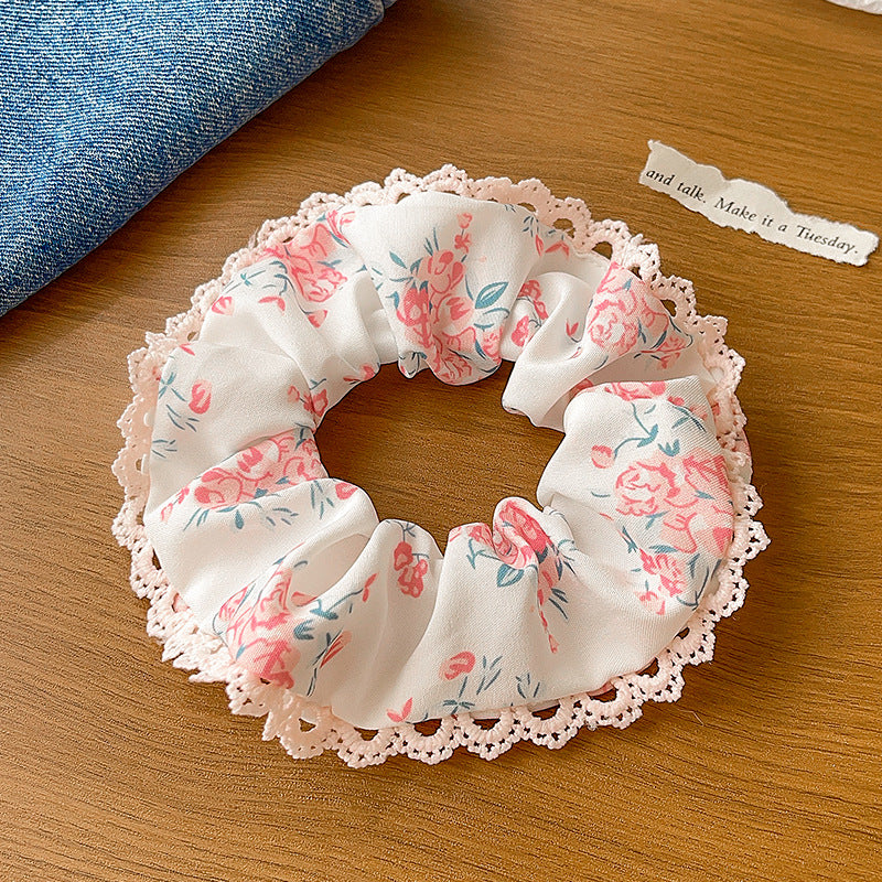 Women's Japanese Style Sweet Pastoral Flower Cloth Rib-Knit Lace Hair Tie
