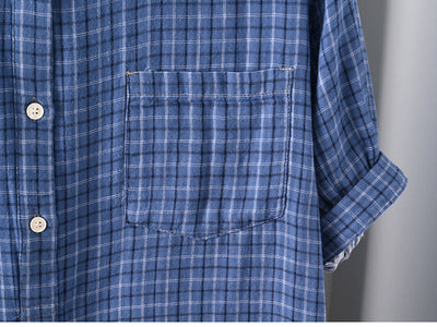 Women Summer Plaid Stand Collar 100%Cotton Shirt