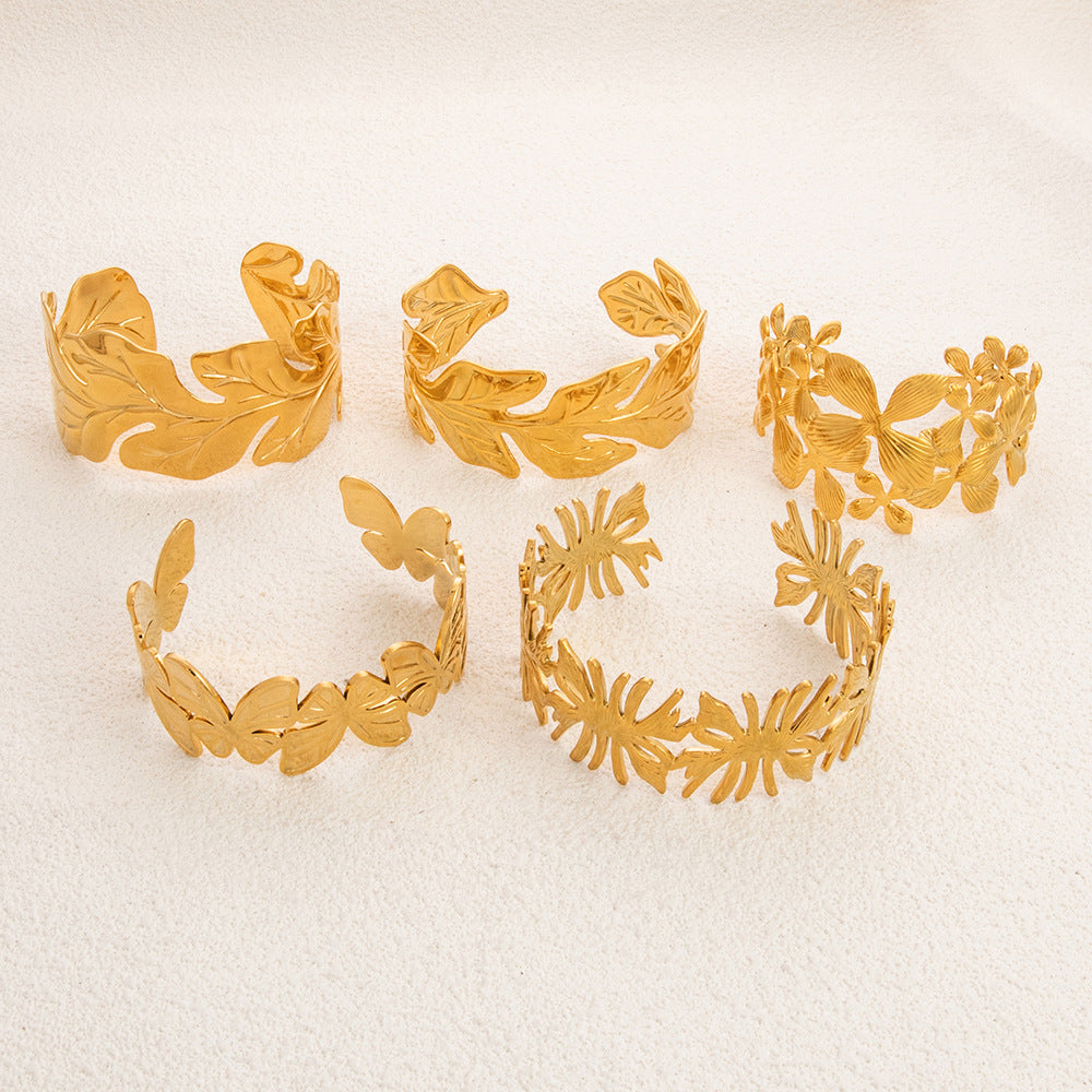 Casual Retro Leaves Flower 304 Stainless Steel Cuff Bracelets In Bulk