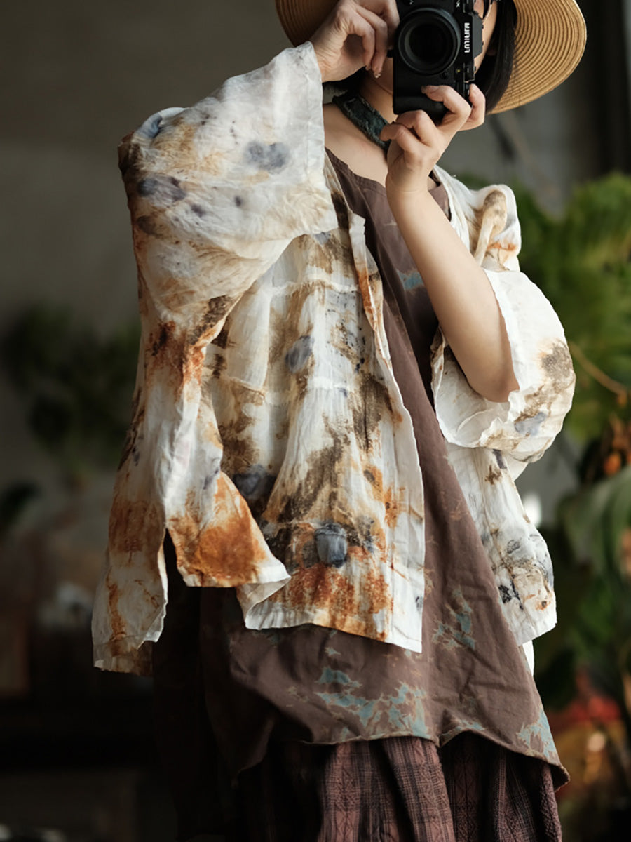 Women Summer Vintage Print O-Neck Thin Ramie Shirt