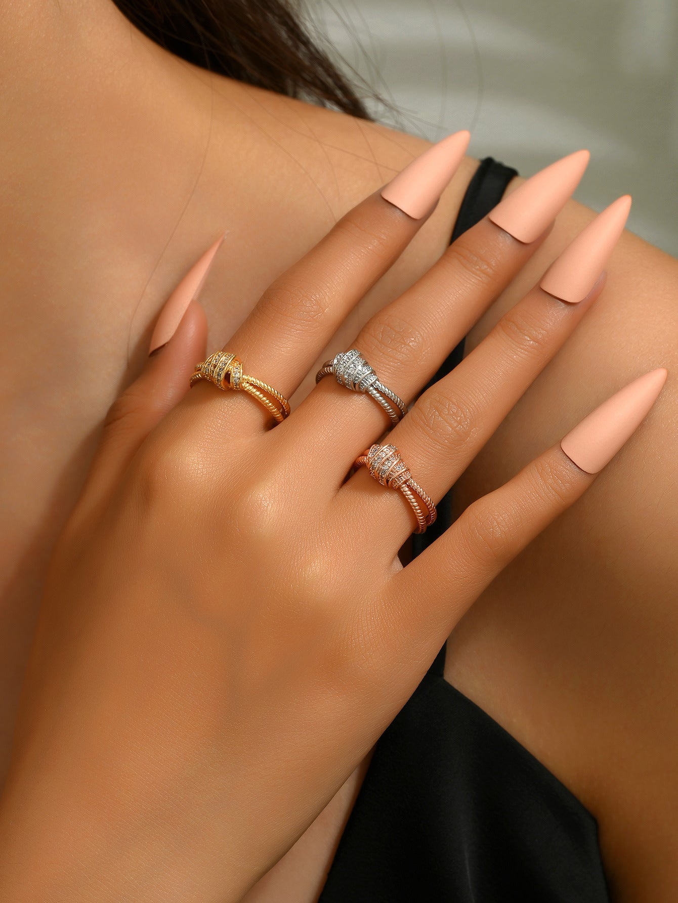 Copper Inlay Geometric Zircon Open Rings