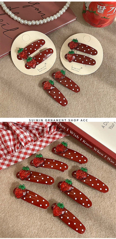 Sweet Women's Polka Dots Strawberry Alloy Inlay Rhinestones Hair Clip