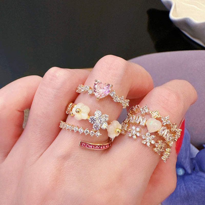 Copper Four Leaf Clover Heart Shape Flower Open Rings