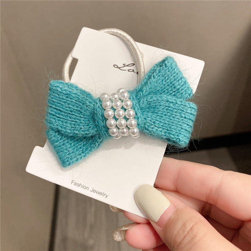 autumn and winter new bow wool simple headband female online influencer ins rubber band female hair tie pearl tie waist hair ring