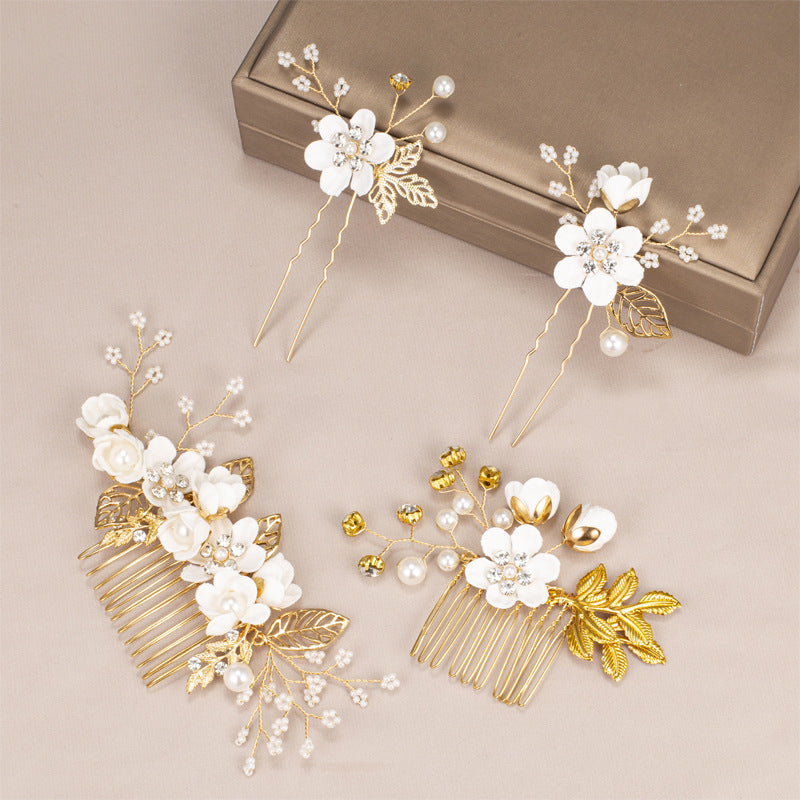 Women's IG Style Sweet Flower Cloth Metal Handmade Pearl Inlay Rhinestones Insert comb