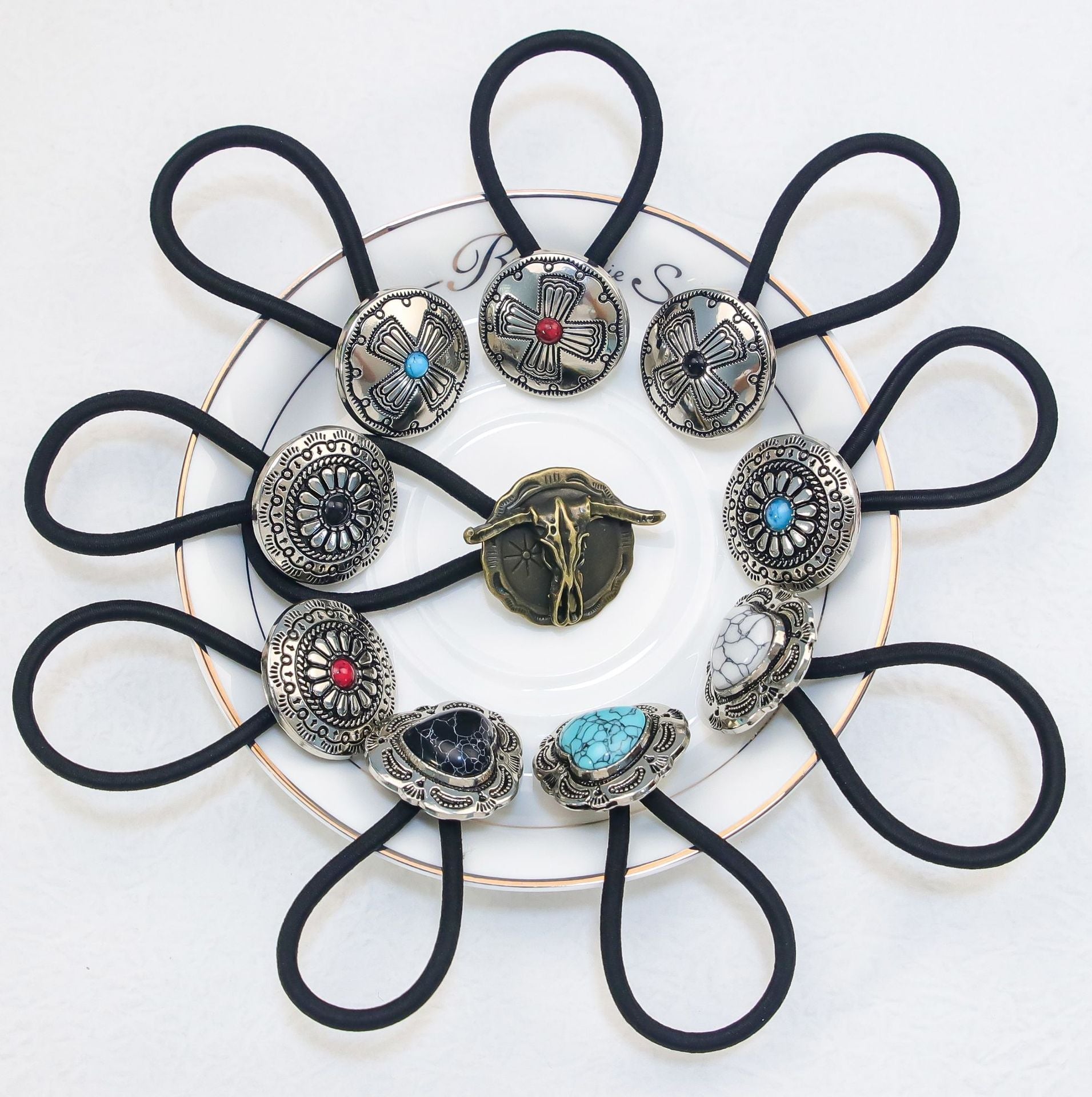 Women's Classical Ethnic Style Classic Style Cross Round Cattle Alloy Polyester Inlay Turquoise Hair Tie