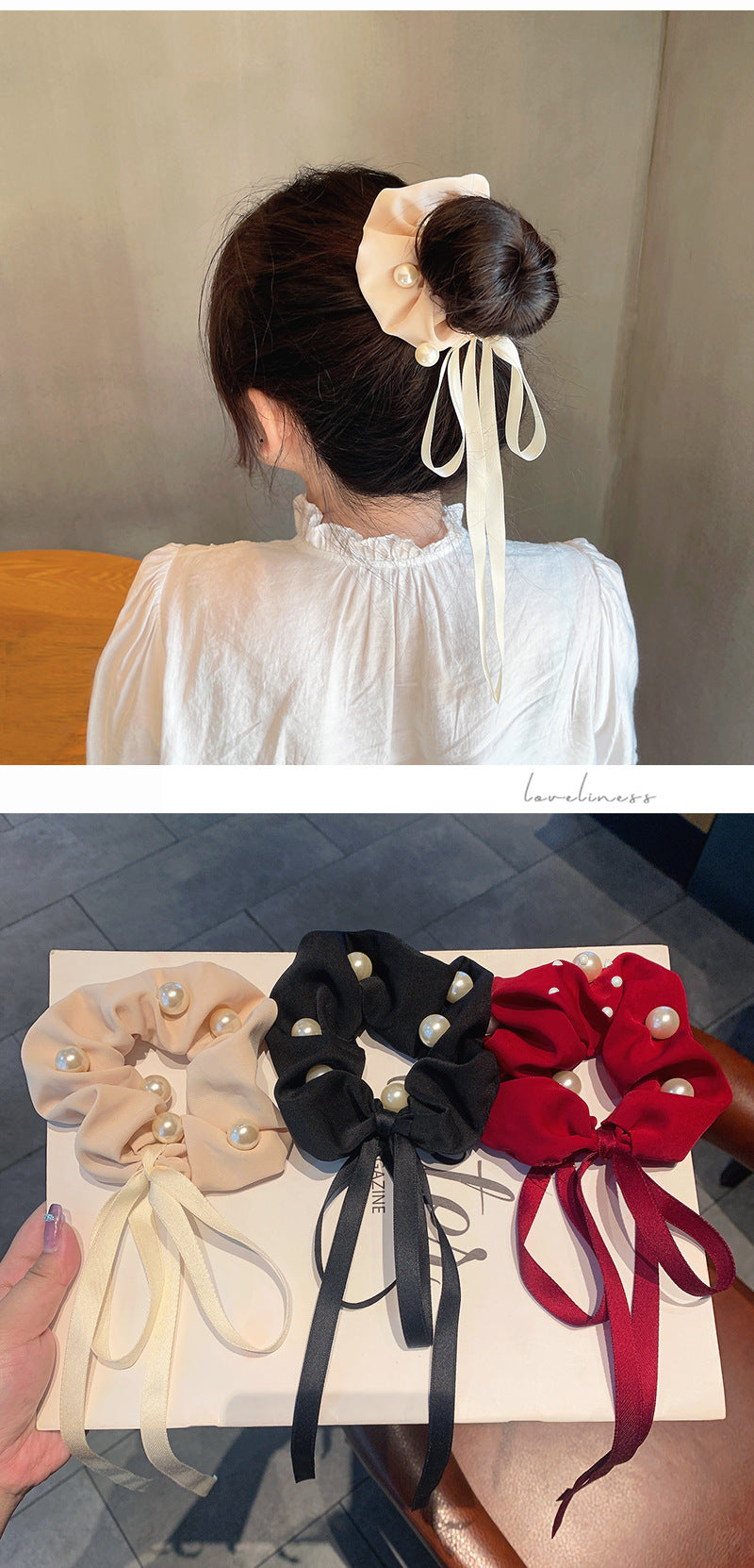 new ins korean style internet influencer pearl ribbon headband bowknot hair ring korean style super fairy adult ribbon hair rope for women