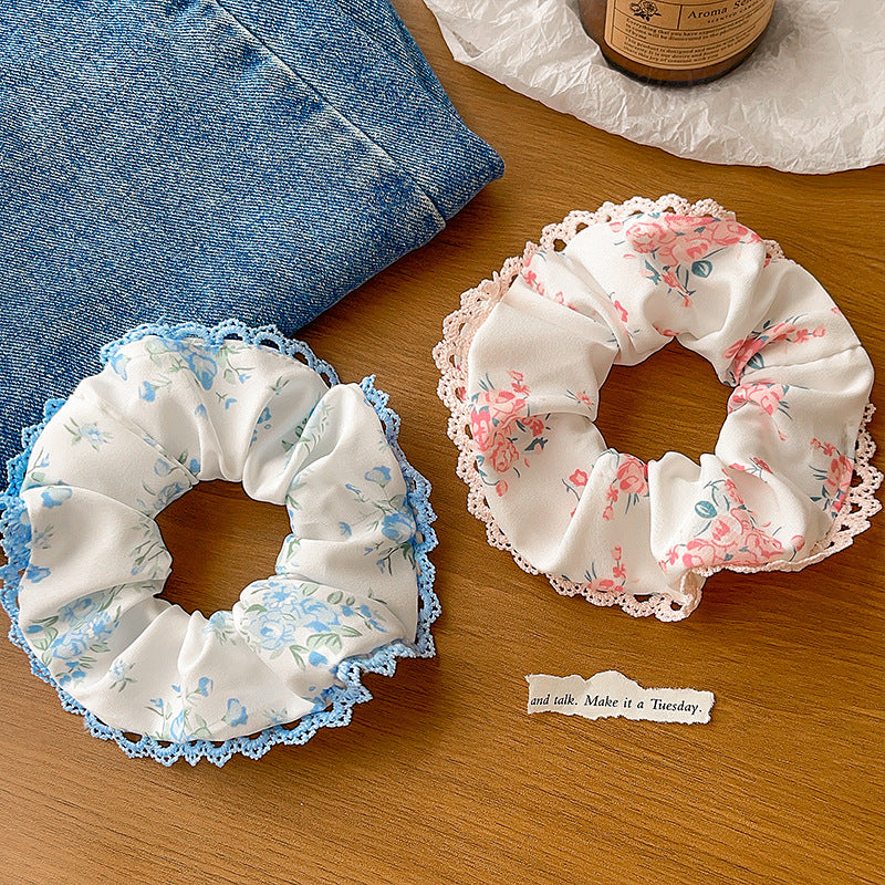 Women's Japanese Style Sweet Pastoral Flower Cloth Rib-Knit Lace Hair Tie