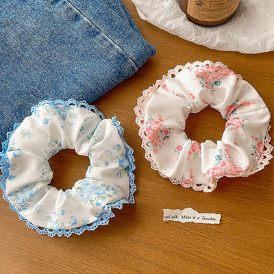 Women's Japanese Style Sweet Pastoral Flower Cloth Rib-Knit Lace Hair Tie