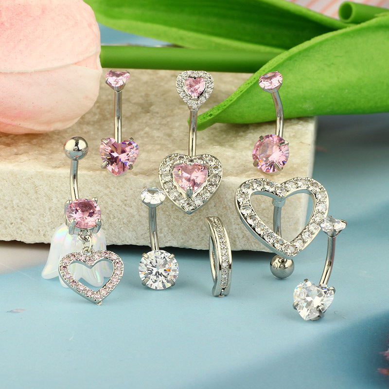 1 Piece 1 Set Belly Rings Hip-Hop Shiny Heart Shape 316L Stainless Steel  Copper Inlay Zircon Belly Rings