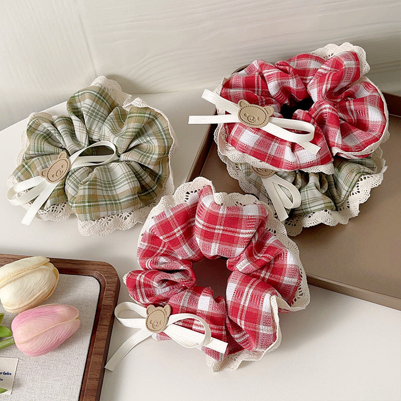 Women's Casual Preppy Style Lattice Bear Bow Knot Cloth Lace Hair Tie