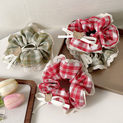 Women's Casual Preppy Style Lattice Bear Bow Knot Cloth Lace Hair Tie
