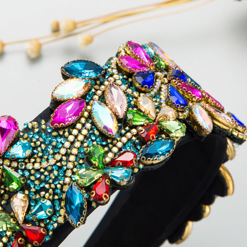 fashion new exaggerated colorful glass drill flower headband retro baroque accessories