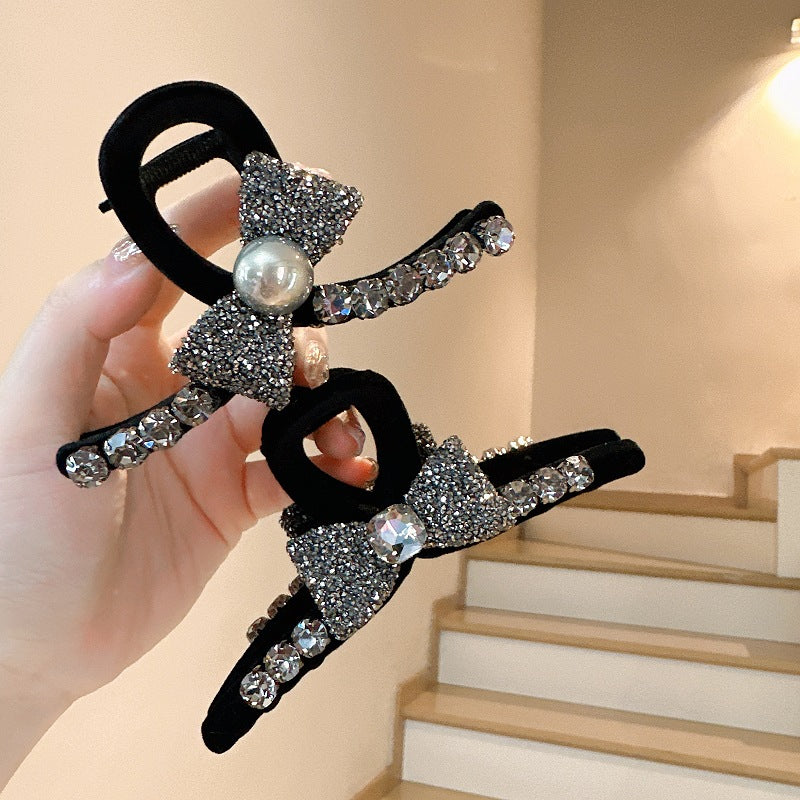 High-Grade Full Diamond Bow Hair Accessories Barrettes Women's Back Head Grip  Former Red Style Flocking Large Size Shark Clip