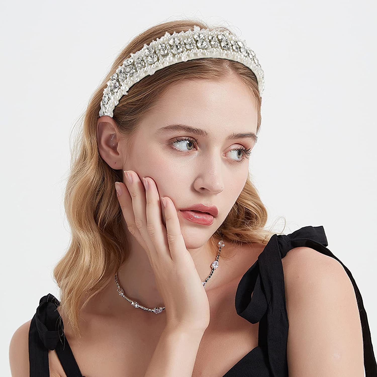 Women's Lady Geometric Artificial Pearl Cloth Rhinestone Hair Band